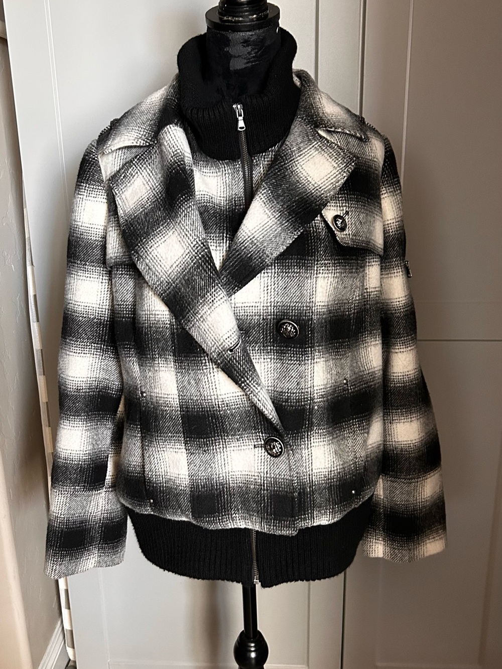 Lane Bryant Women’s Black and White Plaid Pea Coat.
